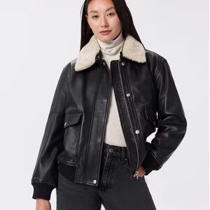 Quince Black 100% Leather Shearling Trim Aviator Jacket Bomber